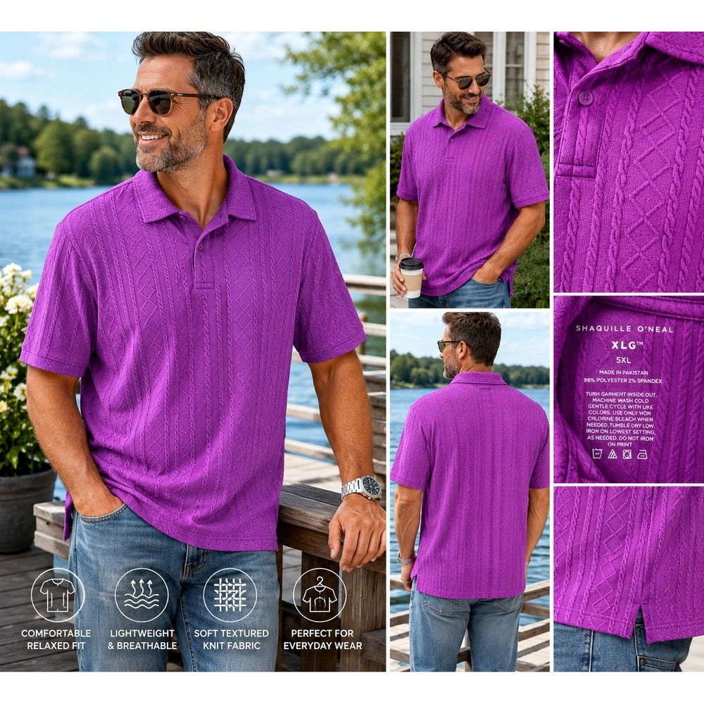Shaquille O'Neal Polo Shirt Mens 5XL Purple Cable Knit Textured XLG